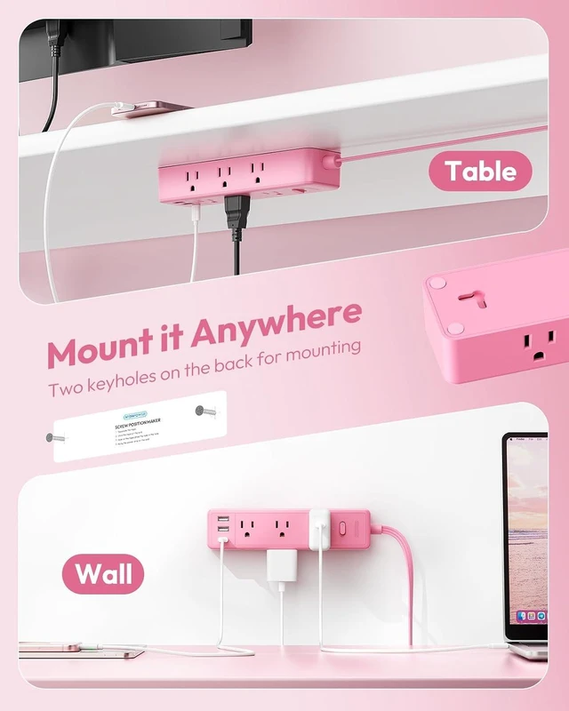 Alt view image 6 of 7 - Pink Power Strip, Power Strip Flat Extension Cord 15FT, 9 Outlets 3 USB Ports(1 USB C), Wall Mount, Multiple Outlets for Home, Dorm, Vanity Desk, Nightstand,Women