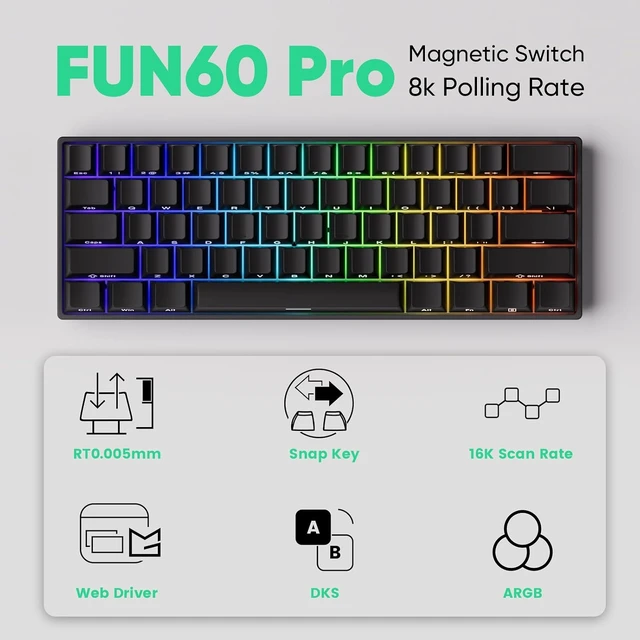 Alt view image 2 of 7 - FUN60 Pro Rapid Trigger Gaming Keyboard 16k Scan Rate SP Magnetic Switch HE Keyboard Wired 60% Black Shine-Through (Glare Magnetic Switch)