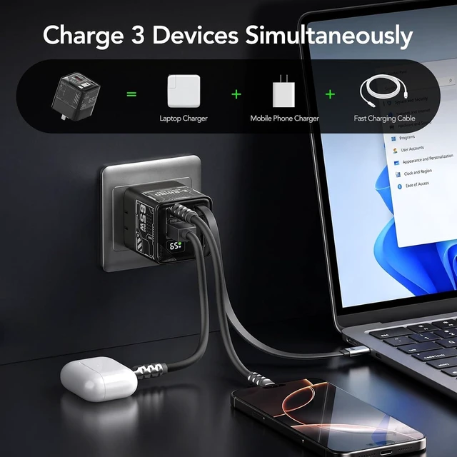 Alt view image 3 of 7 - 65W GaN USB C Charger with Retractable Cable, Wall Charger Block