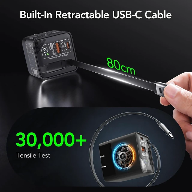 Alt view image 4 of 7 - 65W GaN USB C Charger with Retractable Cable, Wall Charger Block