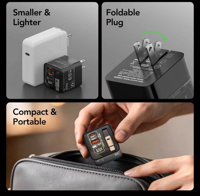 Alt view image 5 of 7 - 65W GaN USB C Charger with Retractable Cable, Wall Charger Block