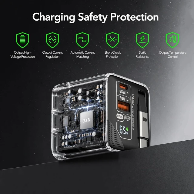 Alt view image 6 of 7 - 65W GaN USB C Charger with Retractable Cable, Wall Charger Block
