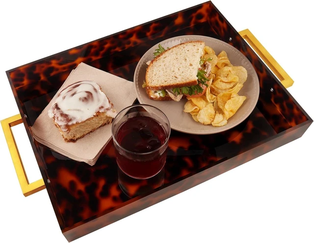 Main image of Acrylic Serving Tray with Gold Handles, 16" x 12" Decorative Tray for Coffee Table, Spill-Proof Food and Drink Server. Multipurpose for Ottoman, Kitchen, Vanity, Countertop, Party Use (Tortoise Shell)