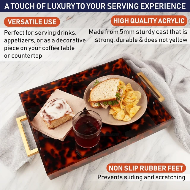 Alt view image 3 of 7 - Acrylic Serving Tray with Gold Handles, 16" x 12" Decorative Tray for Coffee Table, Spill-Proof Food and Drink Server. Multipurpose for Ottoman, Kitchen, Vanity, Countertop, Party Use (Tortoise Shell)