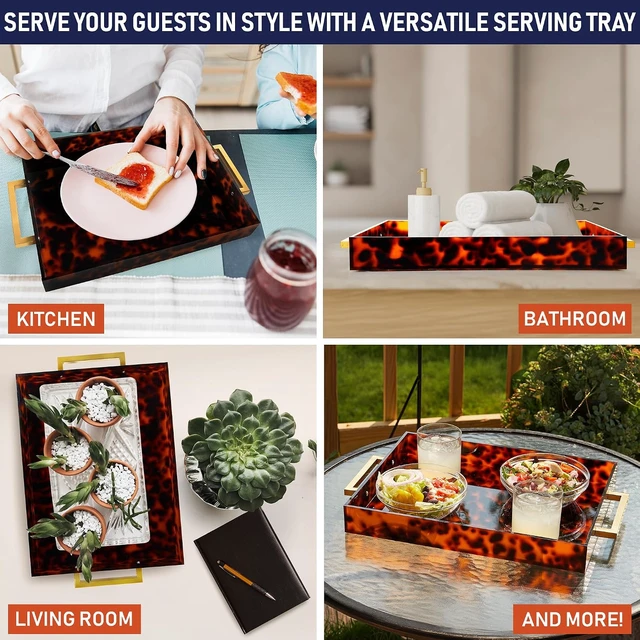Alt view image 5 of 7 - Acrylic Serving Tray with Gold Handles, 16" x 12" Decorative Tray for Coffee Table, Spill-Proof Food and Drink Server. Multipurpose for Ottoman, Kitchen, Vanity, Countertop, Party Use (Tortoise Shell)