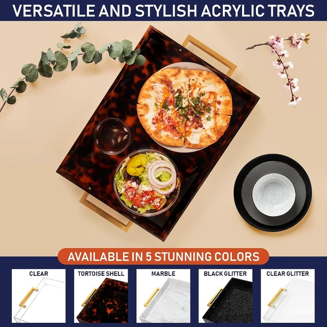 Alt view image 6 of 7 - Acrylic Serving Tray with Gold Handles, 16" x 12" Decorative Tray for Coffee Table, Spill-Proof Food and Drink Server. Multipurpose for Ottoman, Kitchen, Vanity, Countertop, Party Use (Tortoise Shell)