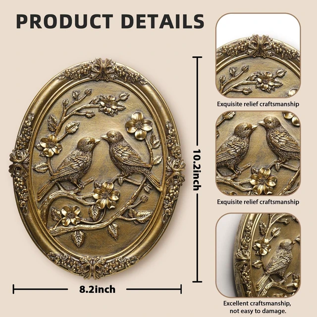 Alt view image 3 of 7 - Vintage Bird Wall Sculpture,Antique Wall Decor,Retro Art Birds Sculpture,Hand Painted Wall Decoration with Embossed Couple Birds Design,Vintage Wall Decor for Living Room Bedroom Dining Room Hallway,