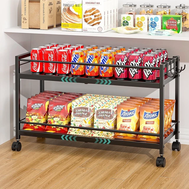 Main image of 2-Tier Expandable Rolling Pantry Cart with Wheels, Adjustable Floor Organizer for Kitchen Pantry, Can Organizer for Pantry, Storage Cart for Snack, Food, Vegetables, Black, Patent Pending