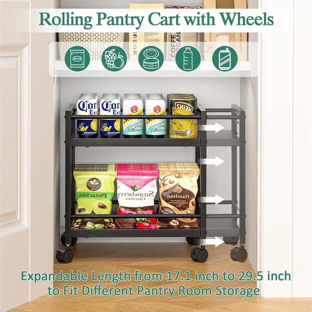 Alt view image 2 of 7 - 2-Tier Expandable Rolling Pantry Cart with Wheels, Adjustable Floor Organizer for Kitchen Pantry, Can Organizer for Pantry, Storage Cart for Snack, Food, Vegetables, Black, Patent Pending