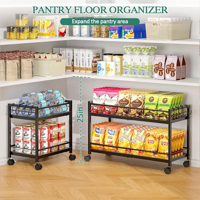 Alt view image 4 of 7 - 2-Tier Expandable Rolling Pantry Cart with Wheels, Adjustable Floor Organizer for Kitchen Pantry, Can Organizer for Pantry, Storage Cart for Snack, Food, Vegetables, Black, Patent Pending
