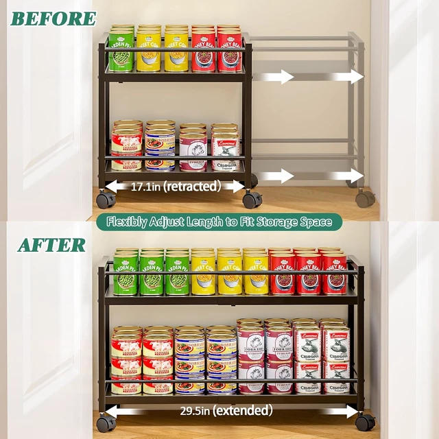 Alt view image 5 of 7 - 2-Tier Expandable Rolling Pantry Cart with Wheels, Adjustable Floor Organizer for Kitchen Pantry, Can Organizer for Pantry, Storage Cart for Snack, Food, Vegetables, Black, Patent Pending