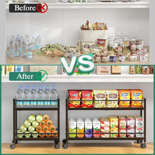Alt view image 6 of 7 - 2-Tier Expandable Rolling Pantry Cart with Wheels, Adjustable Floor Organizer for Kitchen Pantry, Can Organizer for Pantry, Storage Cart for Snack, Food, Vegetables, Black, Patent Pending