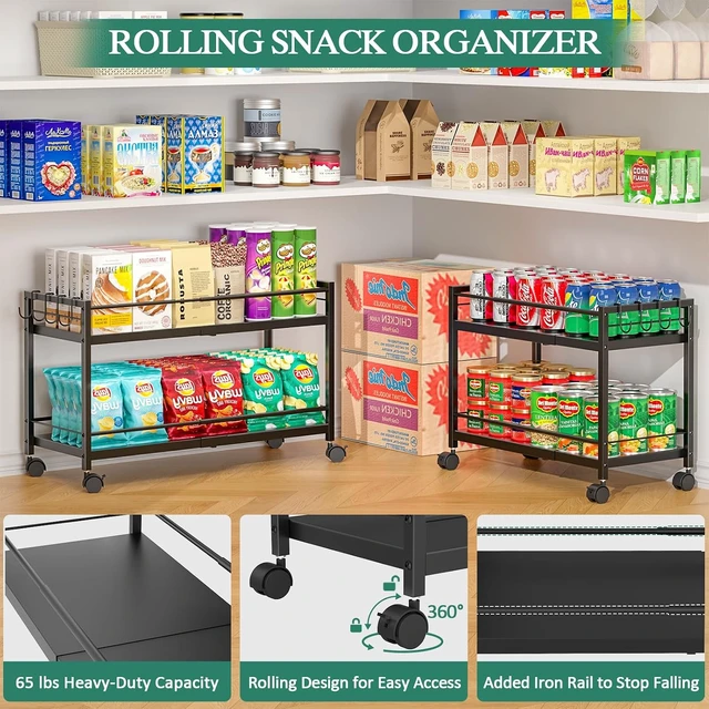 Alt view image 7 of 7 - 2-Tier Expandable Rolling Pantry Cart with Wheels, Adjustable Floor Organizer for Kitchen Pantry, Can Organizer for Pantry, Storage Cart for Snack, Food, Vegetables, Black, Patent Pending