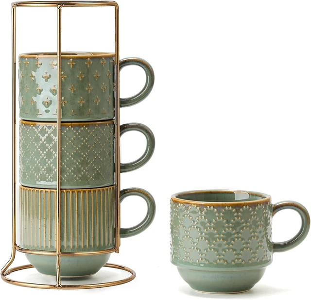 Main image of JIEMEI HOME Large Ceramic Coffee Mug Set of 4 with Stand, 15 Oz Stackable Embossment Ribbed Latte Cup Set for Cappuccino, Latte, Tea, Hot Cocoa, Drinks - Dishwasher & Microwave Safe, Vintage Turquoise