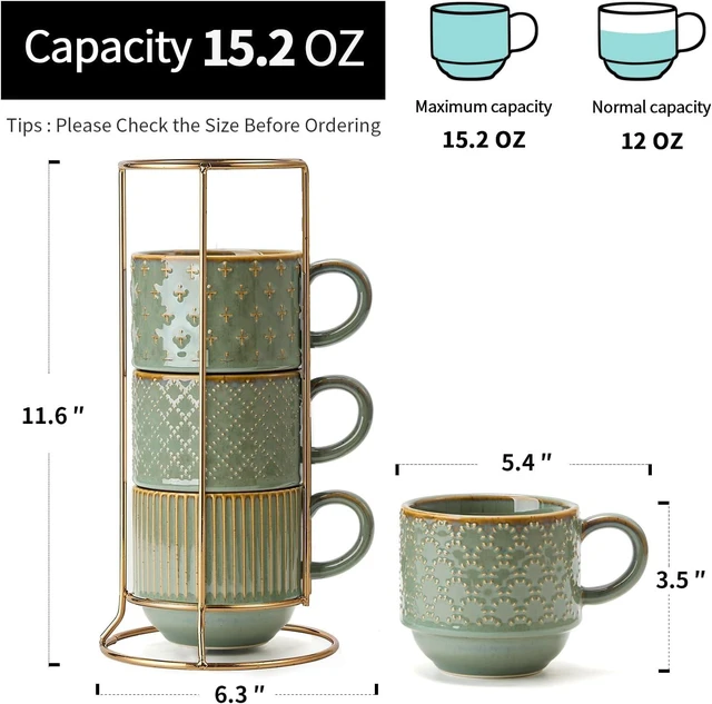 Alt view image 2 of 7 - JIEMEI HOME Large Ceramic Coffee Mug Set of 4 with Stand, 15 Oz Stackable Embossment Ribbed Latte Cup Set for Cappuccino, Latte, Tea, Hot Cocoa, Drinks - Dishwasher & Microwave Safe, Vintage Turquoise