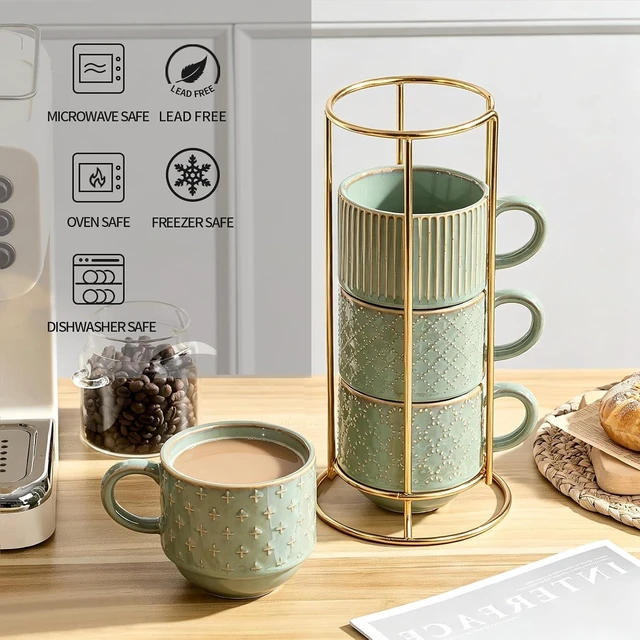 Alt view image 4 of 7 - JIEMEI HOME Large Ceramic Coffee Mug Set of 4 with Stand, 15 Oz Stackable Embossment Ribbed Latte Cup Set for Cappuccino, Latte, Tea, Hot Cocoa, Drinks - Dishwasher & Microwave Safe, Vintage Turquoise