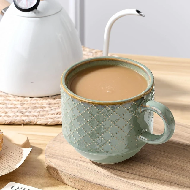 Alt view image 5 of 7 - JIEMEI HOME Large Ceramic Coffee Mug Set of 4 with Stand, 15 Oz Stackable Embossment Ribbed Latte Cup Set for Cappuccino, Latte, Tea, Hot Cocoa, Drinks - Dishwasher & Microwave Safe, Vintage Turquoise