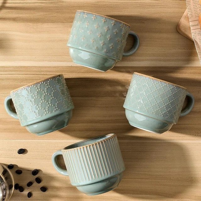 Alt view image 6 of 7 - JIEMEI HOME Large Ceramic Coffee Mug Set of 4 with Stand, 15 Oz Stackable Embossment Ribbed Latte Cup Set for Cappuccino, Latte, Tea, Hot Cocoa, Drinks - Dishwasher & Microwave Safe, Vintage Turquoise