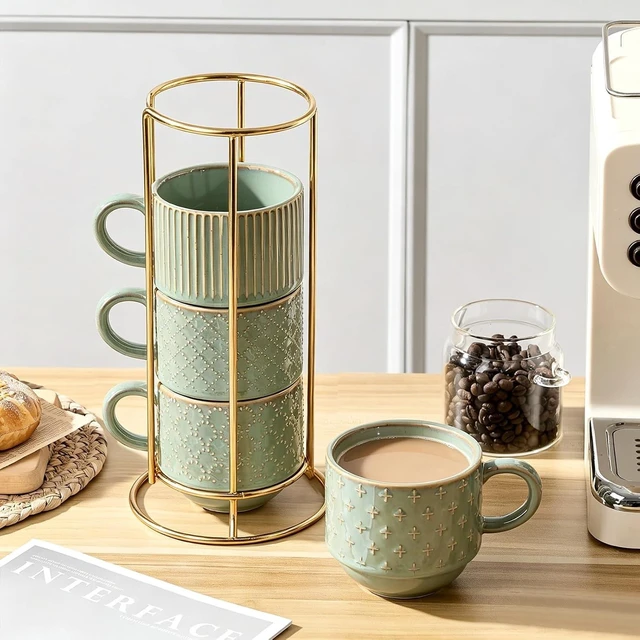 Alt view image 7 of 7 - JIEMEI HOME Large Ceramic Coffee Mug Set of 4 with Stand, 15 Oz Stackable Embossment Ribbed Latte Cup Set for Cappuccino, Latte, Tea, Hot Cocoa, Drinks - Dishwasher & Microwave Safe, Vintage Turquoise