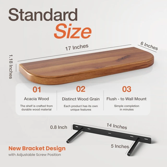 Alt view image 2 of 7 - 17" Acacia Wood Floating Shelves Wall Mounted (Round Edge) Rustic Farmhouse Wooden Wall Storage Shelf for Bedroom, Kitchen - Brackets and Shelving Hardware Included (Acacia Color)
