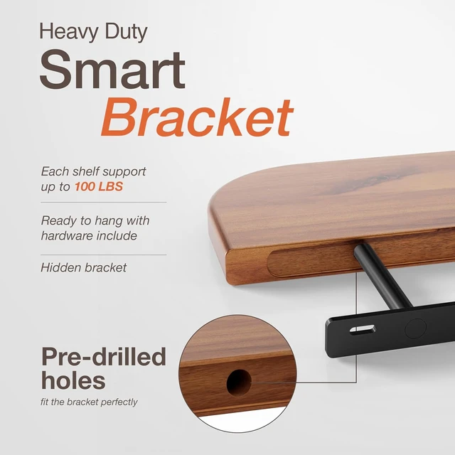 Alt view image 3 of 7 - 17" Acacia Wood Floating Shelves Wall Mounted (Round Edge) Rustic Farmhouse Wooden Wall Storage Shelf for Bedroom, Kitchen - Brackets and Shelving Hardware Included (Acacia Color)