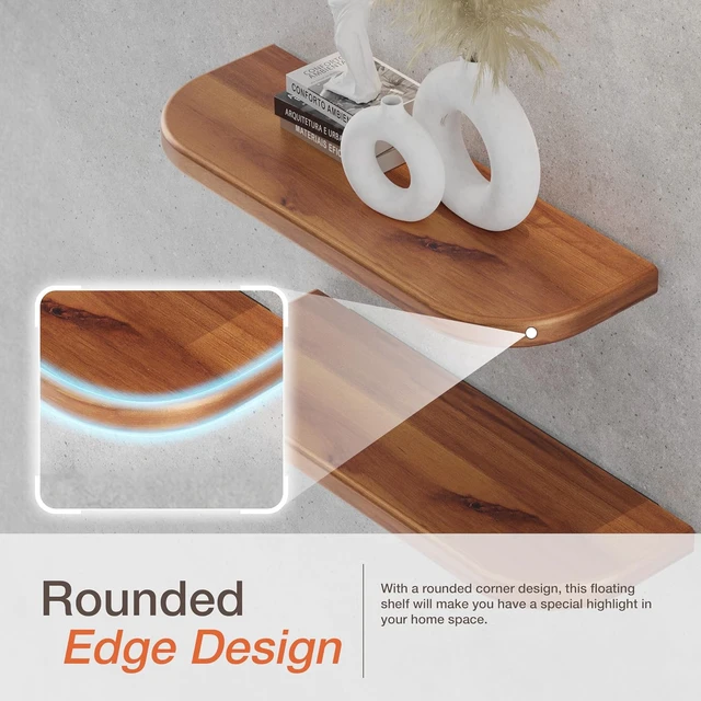 Alt view image 4 of 7 - 17" Acacia Wood Floating Shelves Wall Mounted (Round Edge) Rustic Farmhouse Wooden Wall Storage Shelf for Bedroom, Kitchen - Brackets and Shelving Hardware Included (Acacia Color)