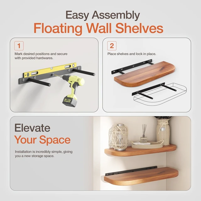 Alt view image 5 of 7 - 17" Acacia Wood Floating Shelves Wall Mounted (Round Edge) Rustic Farmhouse Wooden Wall Storage Shelf for Bedroom, Kitchen - Brackets and Shelving Hardware Included (Acacia Color)