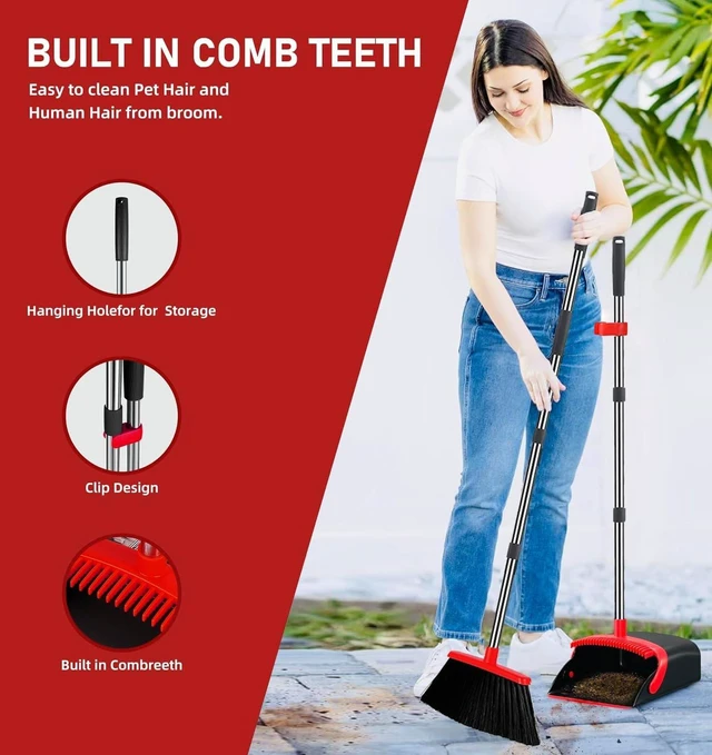 Main image of 2 Pack is More economical,Brooms with Dustpan Combo Set with 52" Long Handle, Dustpan Teeth with self-Cleaning Function, Indoor and Outdoor Sweeping, Perfect for Home Office (Large/Red /2-Pack)