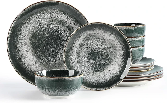 Main image of Sweejar Dinnerware Sets Service for 4,12 pcs Porcelain Plates and Bowls for Kitchen, Housewaring Gift,Chip and Scratch Resistant Dish Set,Handmade Dishwasher and Microwave Safe Plate Set,Dark Green