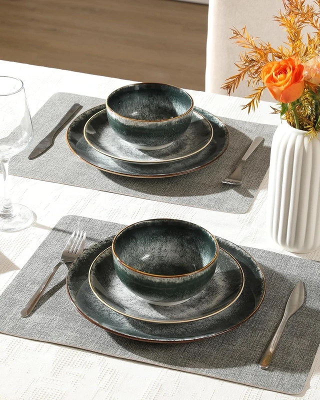Alt view image 3 of 7 - Sweejar Dinnerware Sets Service for 4,12 pcs Porcelain Plates and Bowls for Kitchen, Housewaring Gift,Chip and Scratch Resistant Dish Set,Handmade Dishwasher and Microwave Safe Plate Set,Dark Green