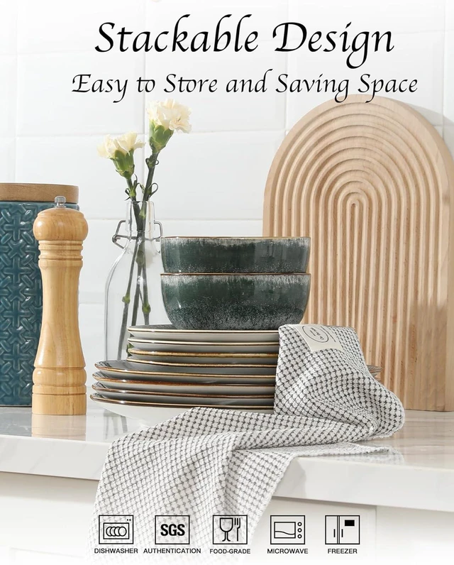 Alt view image 5 of 7 - Sweejar Dinnerware Sets Service for 4,12 pcs Porcelain Plates and Bowls for Kitchen, Housewaring Gift,Chip and Scratch Resistant Dish Set,Handmade Dishwasher and Microwave Safe Plate Set,Dark Green