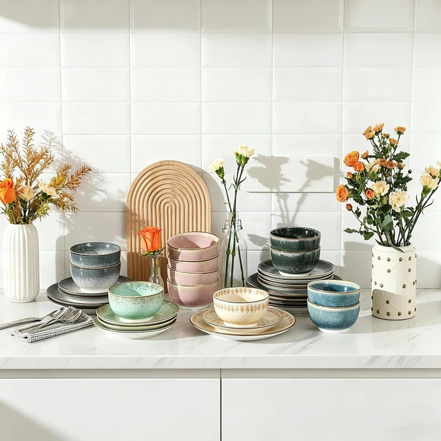 Alt view image 7 of 7 - Sweejar Dinnerware Sets Service for 4,12 pcs Porcelain Plates and Bowls for Kitchen, Housewaring Gift,Chip and Scratch Resistant Dish Set,Handmade Dishwasher and Microwave Safe Plate Set,Dark Green