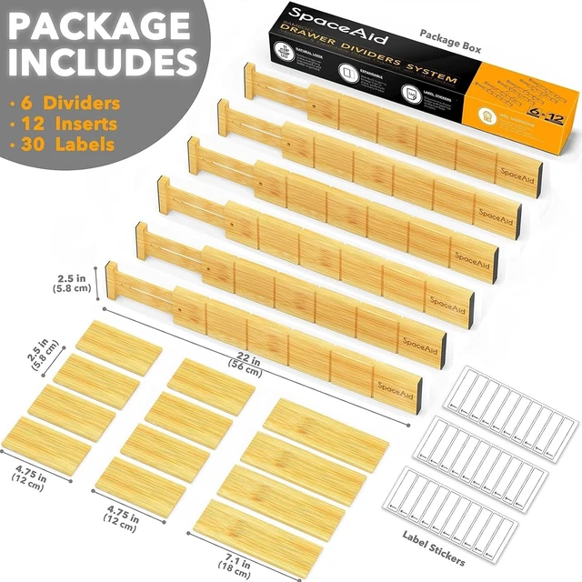 Alt view image 3 of 6 - Bamboo Drawer Dividers with Inserts and Labels, Kitchen Adjustable Drawer Organizers, Expandable Organization for Home, Office, Dressers and Bathroom, 6 Dividers with 12 Inserts (17-22 in)