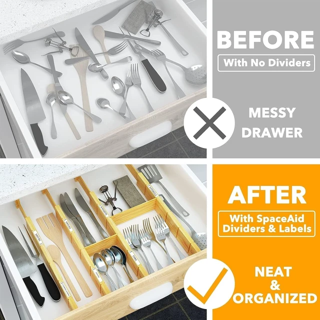 Alt view image 4 of 6 - Bamboo Drawer Dividers with Inserts and Labels, Kitchen Adjustable Drawer Organizers, Expandable Organization for Home, Office, Dressers and Bathroom, 6 Dividers with 12 Inserts (17-22 in)