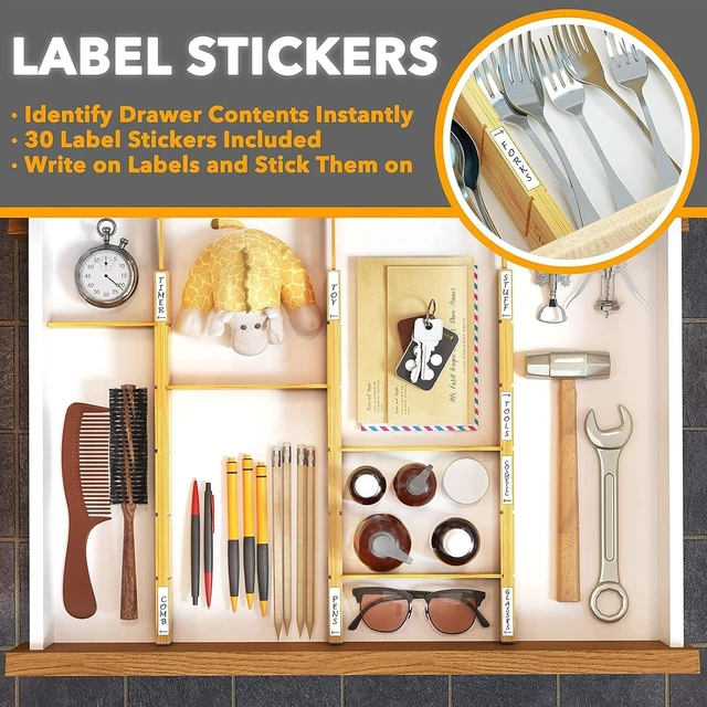 Alt view image 5 of 6 - Bamboo Drawer Dividers with Inserts and Labels, Kitchen Adjustable Drawer Organizers, Expandable Organization for Home, Office, Dressers and Bathroom, 6 Dividers with 12 Inserts (17-22 in)