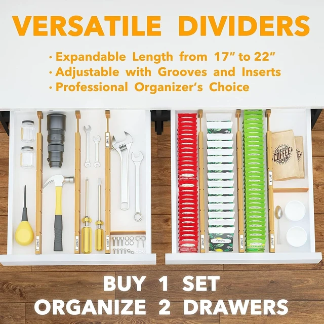 Alt view image 6 of 6 - Bamboo Drawer Dividers with Inserts and Labels, Kitchen Adjustable Drawer Organizers, Expandable Organization for Home, Office, Dressers and Bathroom, 6 Dividers with 12 Inserts (17-22 in)