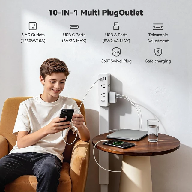 Alt view image 4 of 7 - Outlet Extender Stick, 360° Rotating Wall Outlet Expander with 22-35" Extendable Base, 10-in-1 Power Strip Stick with 6 AC Outlets, 4 USB Ports (2 USB-C), Flat Plug for Behind Couch, Home, Office