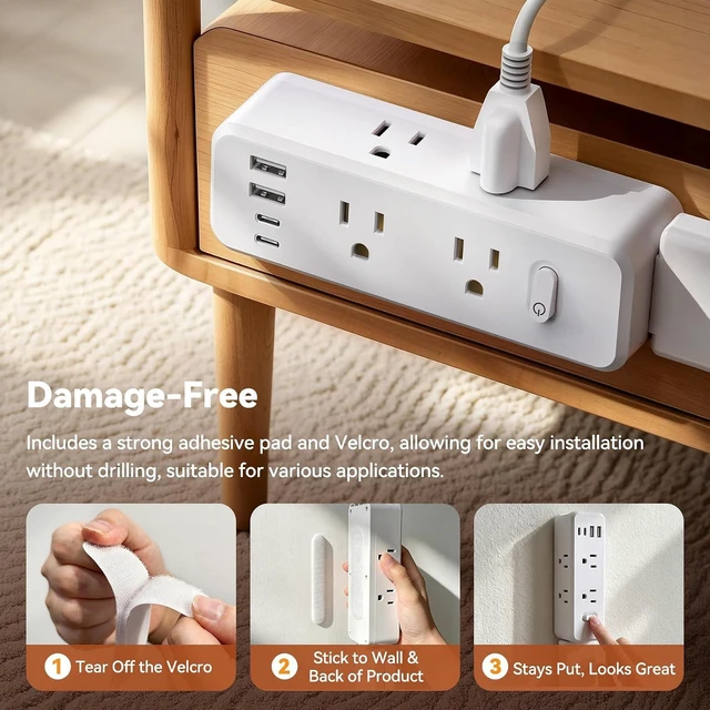 Alt view image 5 of 7 - Outlet Extender Stick, 360° Rotating Wall Outlet Expander with 22-35" Extendable Base, 10-in-1 Power Strip Stick with 6 AC Outlets, 4 USB Ports (2 USB-C), Flat Plug for Behind Couch, Home, Office