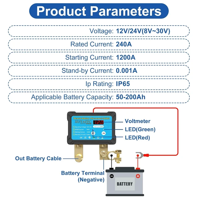 Alt view image 3 of 7 - Remote Battery Disconnect Switch 12V/24V 240A with LED Voltage Display
