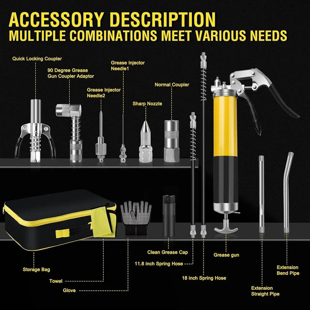 Alt view image 2 of 7 - Grease Gun Kit 7000 PSI 14oz with Dual Hoses and 90° Adapter