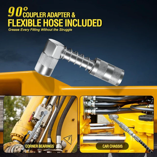 Alt view image 4 of 7 - Grease Gun Kit 7000 PSI 14oz with Dual Hoses and 90° Adapter