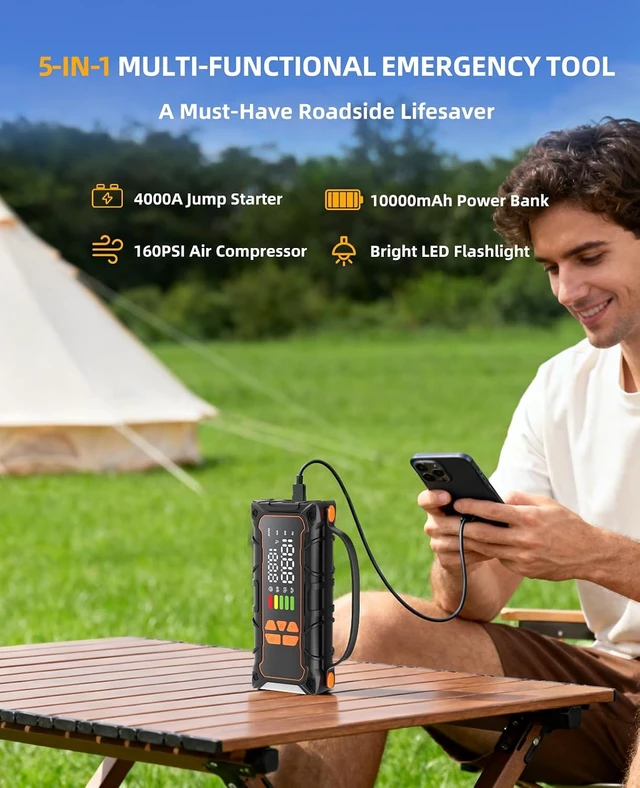 Alt view image 5 of 7 - Battery Jumper Starter Portable, Jump Starter with Air Compressor-4000A 12V (7.0L Gas/ 6.0L Diesel) with 160PSI Tire Inflator, 10000mAh Jump Box Car Battery Jump Starter, Jumper Cables, LED Light