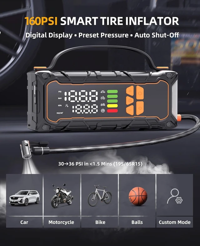Alt view image 4 of 7 - Battery Jumper Starter Portable, Jump Starter with Air Compressor-4000A 12V (7.0L Gas/ 6.0L Diesel) with 160PSI Tire Inflator, 10000mAh Jump Box Car Battery Jump Starter, Jumper Cables, LED Light