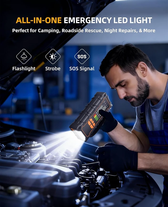 Alt view image 6 of 7 - Battery Jumper Starter Portable, Jump Starter with Air Compressor-4000A 12V (7.0L Gas/ 6.0L Diesel) with 160PSI Tire Inflator, 10000mAh Jump Box Car Battery Jump Starter, Jumper Cables, LED Light