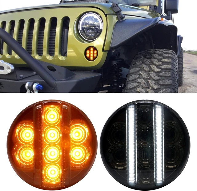 Main image of for JK Front Turn Signal LED Lights Running Lamps Compatible with Wrangler JK JKU 2007-2018,White Vertical LED Bar as Daytime Running Lights,Amber Yellow LED as Turn Signal(Smoked Lens)