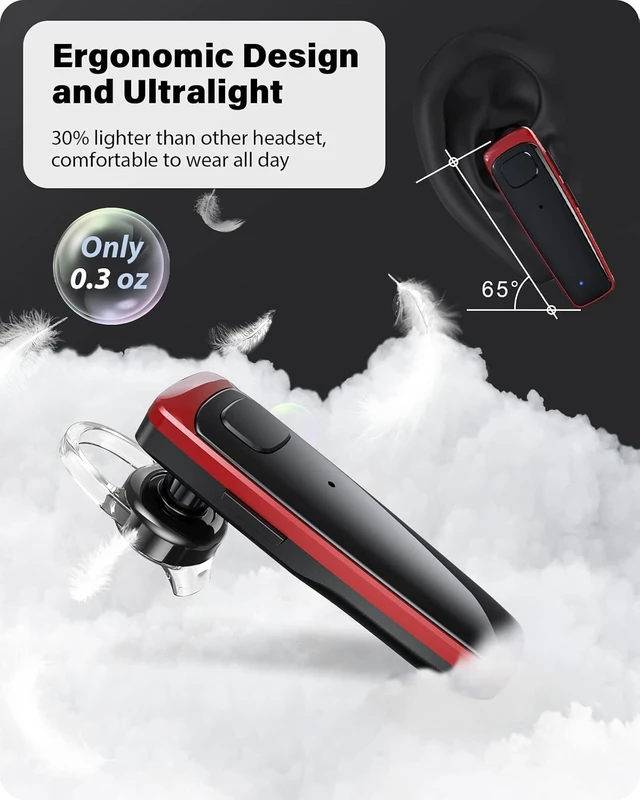 Alt view image 6 of 7 - Bluetooth Headset - V5.0 Wireless Handsfree Earpiece Built-in Dual Mic Noise Cancelling, 10 Days Standby 16Hrs HD Talktime Ultralight Ear Buds for iPhone Android Cellular Phone Laptop(Red)