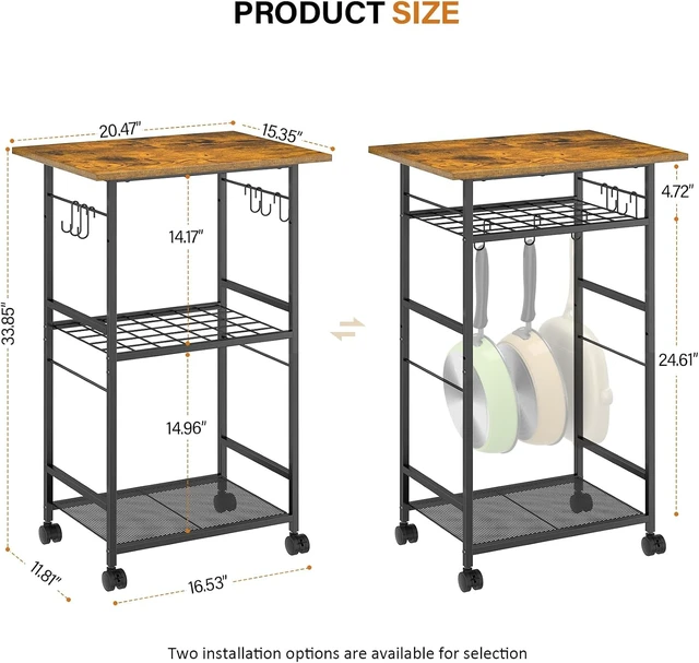 Alt view image 3 of 5 - Rolling Kitchen Microwave Cart, 3 Tier Microwave Table Stand with Adjustable Shelf, Kitchen Storage Rack on Wheels, Coffee Station Cart Rack Shelf Organizer for Living Room Office, Balcony