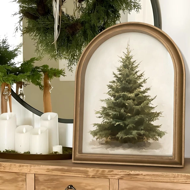 Alt view image 4 of 6 - Christmas Decorations - 11" x 13.8" Christmas Tree Framed Wall Art Picture Painting Artwork - Indoor Vintage Rustic Unique Xmas Gifts Presents Decor For Table Wall Farmhouse Mantel Home Office