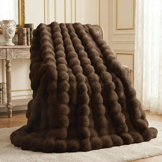 Main image of Faux Rabbit Fur Throw Blanket for Couch, 50'' x 60'', Cocoa Brown