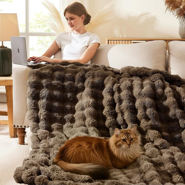Alt view image 4 of 7 - Faux Rabbit Fur Throw Blanket for Couch, 50'' x 60'', Cocoa Brown